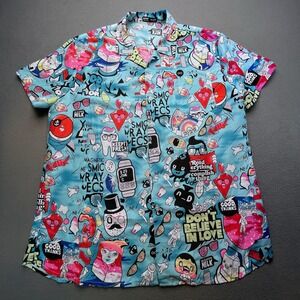 Romwe Graphic Print Button Down Shirt Mens XL Blue Multicolor Excellent Cartoon